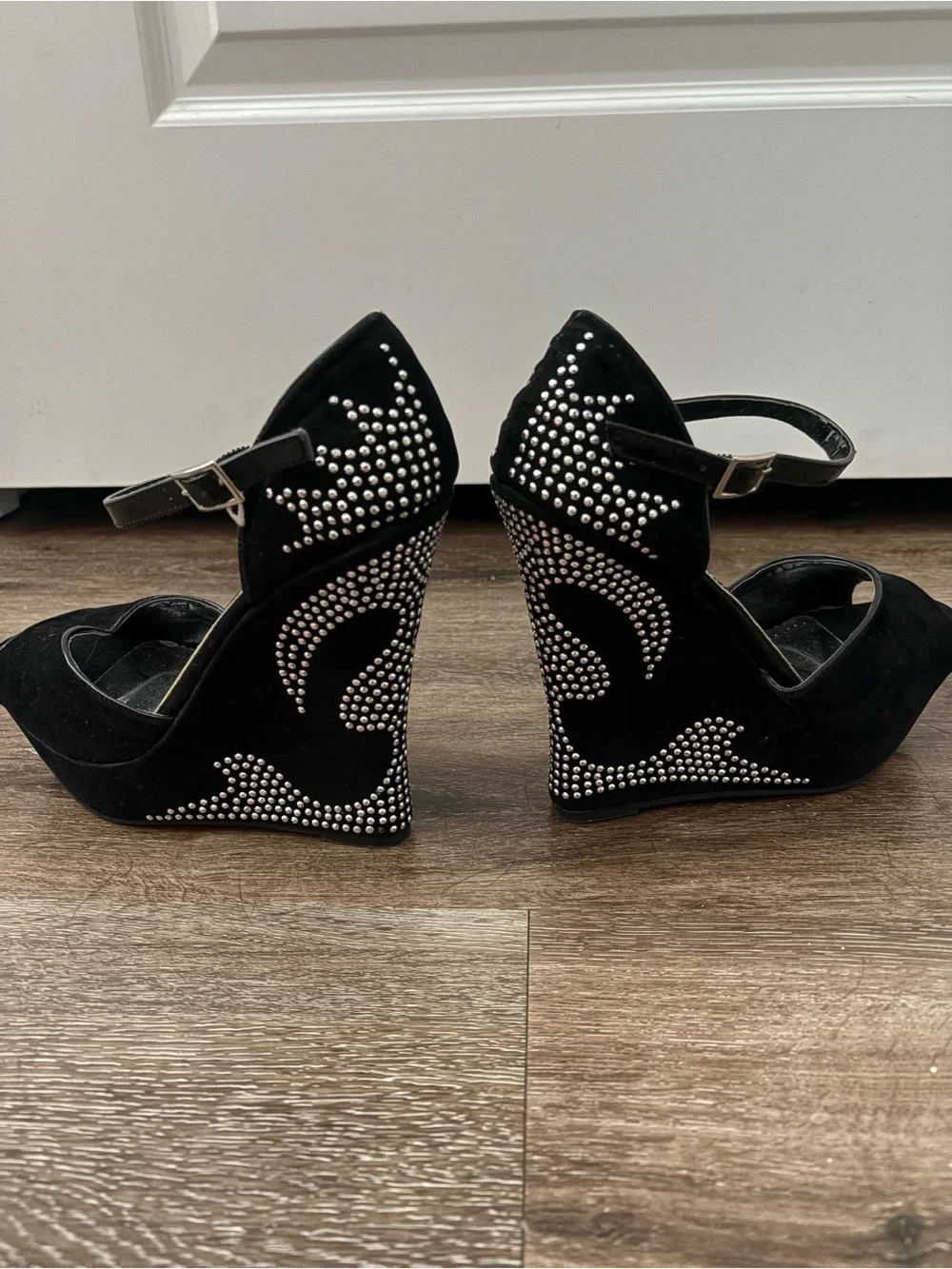 Liliana Black Suede Peep-Toe Ankle Strap Heels